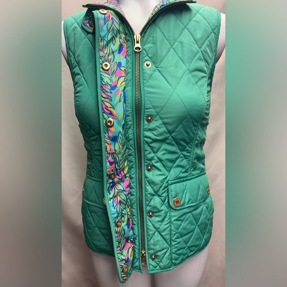 Lilly Pulitzer Getaway Quilted Vest in Jade green color gold-toned buttons XXS - Picture 12 of 14